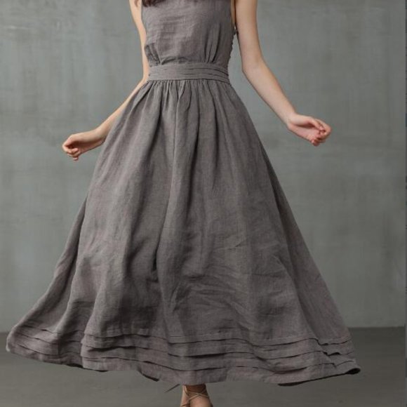 cross back linen dress maxi dress gray apron dress